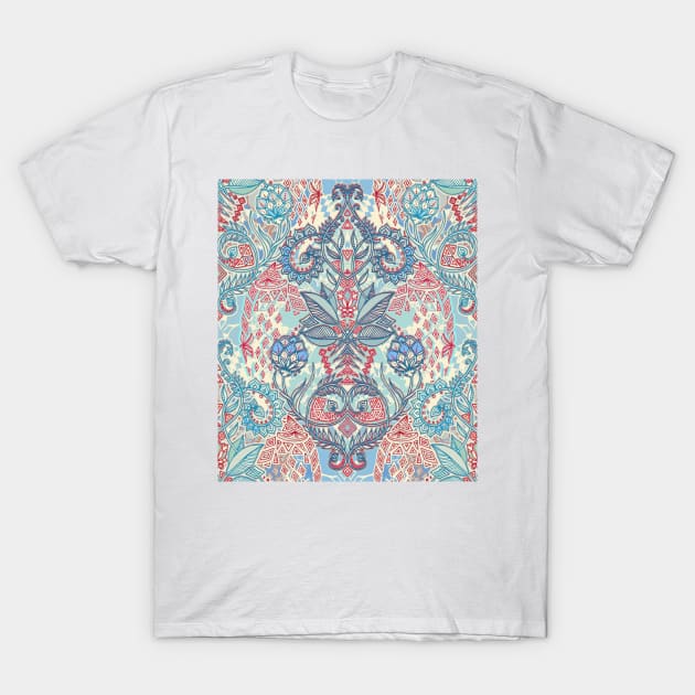 Botanical Geometry - nature pattern in red, blue & cream T-Shirt by micklyn